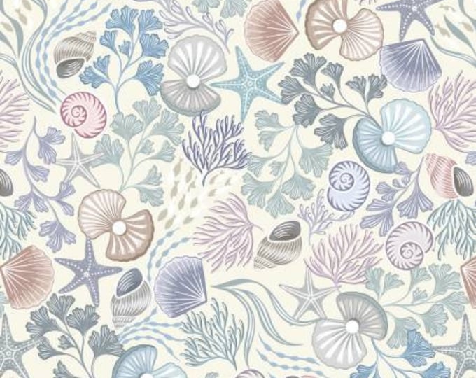 Ocean Pearls Shells and Pearls on Cream with Pearl Fabric Yardage, Lewis & Irene, Cotton Quilt Fabric, Ocean Fabric