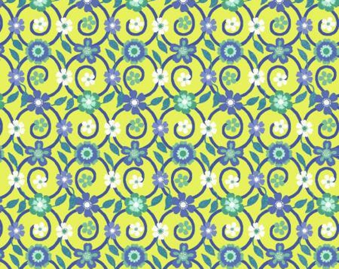 Bungalow Lime Floral Trellis Fabric Yardage, Michael Miller, Cotton Quilt Fabric Yardage, Floral Fabric
