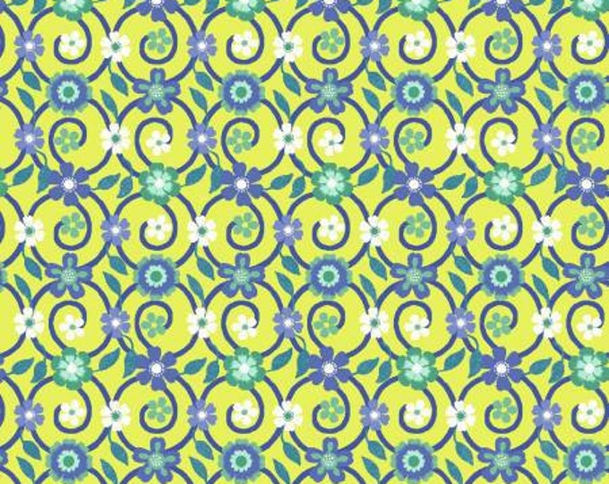 Bungalow Lime Floral Trellis Fabric Yardage, Michael Miller, Cotton Quilt Fabric Yardage, Floral Fabric