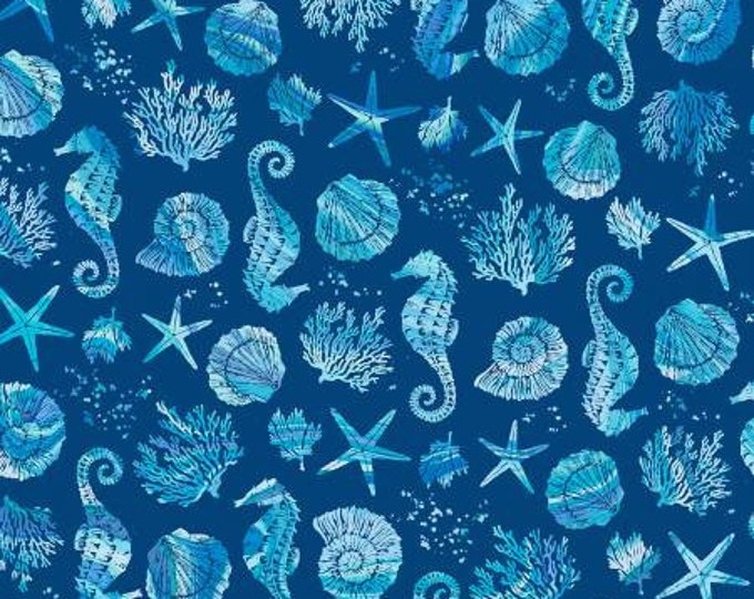Coastal Living Dark Blue Seahorses and Shells  Fabric Yardage, PDR Collection, P & B Textiles , Cotton Quilt Fabric, Ocean Fabric
