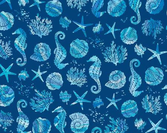 Coastal Living Dark Blue Seahorses and Shells  Fabric Yardage, PDR Collection, P & B Textiles , Cotton Quilt Fabric, Ocean Fabric