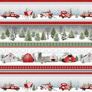 Remnant 1/3-Yard Holiday Heartland Grey/Red Novelty Strip Truck & Sleds Fabric Yardage, Jan Shade Beach, Henry Glass, Cotton Quilt Fabric