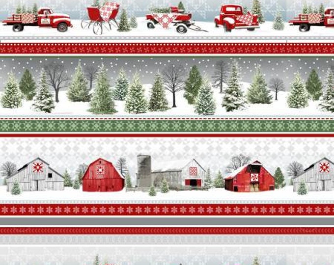 Remnant 1/3-Yard Holiday Heartland Grey/Red Novelty Strip Truck & Sleds Fabric Yardage, Jan Shade Beach, Henry Glass, Cotton Quilt Fabric