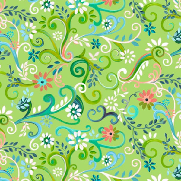 Enchanted Garden Garden Swirl Lime Fabric Yardage, Donna Robertson, Quilting Treasures, Cotton Quilting Fabric, Floral Fabric
