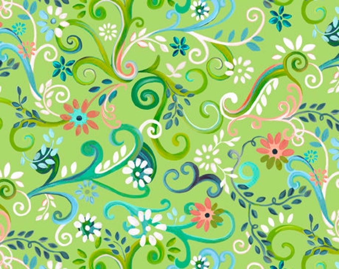 Enchanted Garden Garden Swirl Lime Fabric Yardage, Donna Robertson, Quilting Treasures, Cotton Quilting Fabric, Floral Fabric