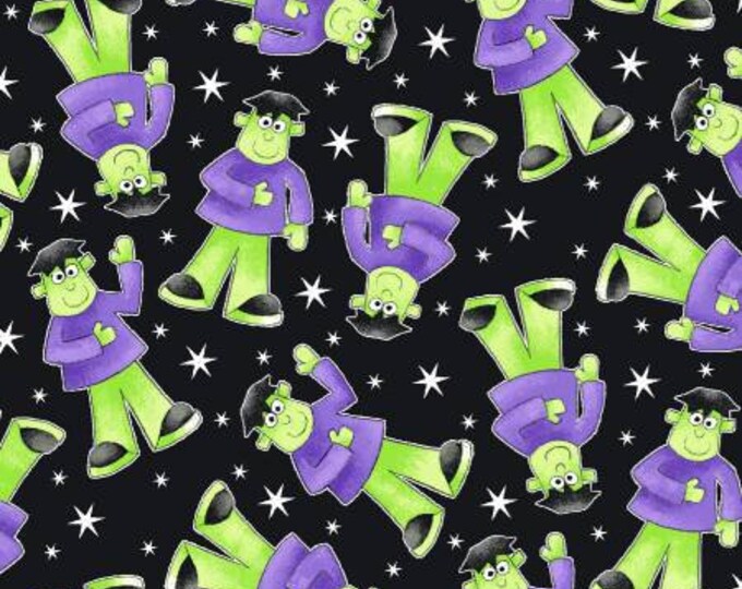 Here We Glow Black Tossed Frankenstein Glow in the Dark Fabric Yardage, Delphine Cubitt, Henry Glass, Cotton Quilt Fabric, Halloween Fabric