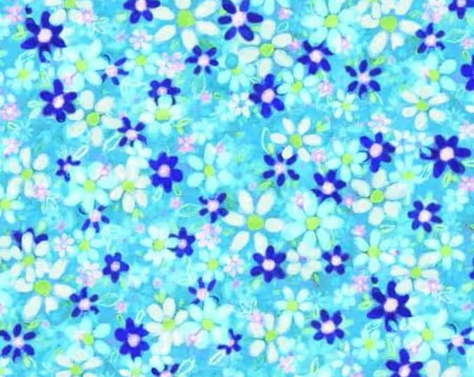 Flower to the Sun Packed Flowers Teal Fabric Yardage, Robin Mead, P & B Textiles, Cotton Quilt Fabric, Floral Fabric