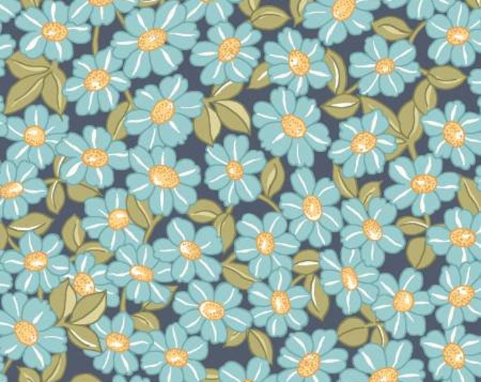 Sunlit Blooms Navy Packed Daisy Cotton Quilting Fabric, Floral Fabric, Maywood Studio.