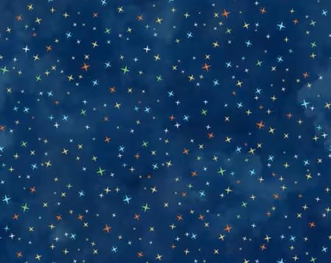 Space Monsters Dark Navy/Multi Stars Fabric Yardage, Maywood Studio, Cotton Quilt Fabric