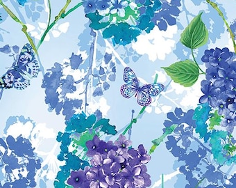 Butterfly Bliss Floral Bliss Light Blue Fabric Yardage, KANVAS Studio, Benartex, Cotton Quilt Fabric, Floral Fabric