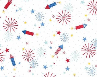 Remnant 1-1/3 Yards Red, White & Bloom White Fireworks Fabric Yardage, Kimberbell Designs, Maywood Studio, Cotton Quilt Fabric