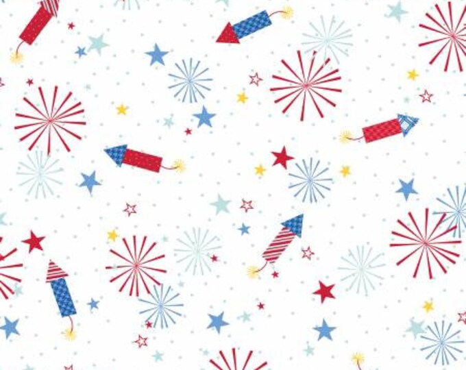 Red, White & Bloom White Fireworks Fabric Yardage, Kimberbell Designs, Maywood Studio, Cotton Quilt Fabric, Patriotic Fabric