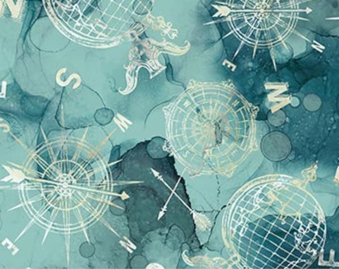 Remnant 1/4-Yard Journey Compass Toss Teal Cotton Quilting Fabric, Melanie Samra, Northcott Fabrics, Map Fabric, Compass Fabric
