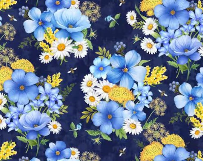 Bee Kind Navy Bee Floral Bouquet Fabric Yardage, Timeless Treasures, Cotton Quilt Fabric, Floral Fabric