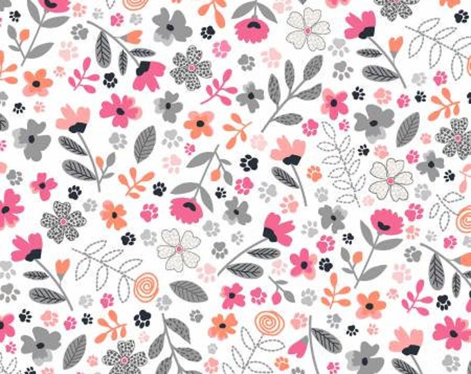 Meowlogical White Garden Paws Cotton Quilting Fabric Yardage, Michael Miller, Floral Fabric