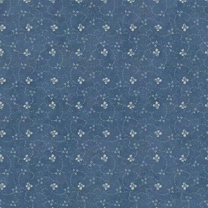 May include: A seamless pattern featuring a blue background with a subtle texture. Delicate white floral and dotted vine designs are evenly spaced across the surface, creating a vintage or cottagecore aesthetic. The overall design is soft and inviting.