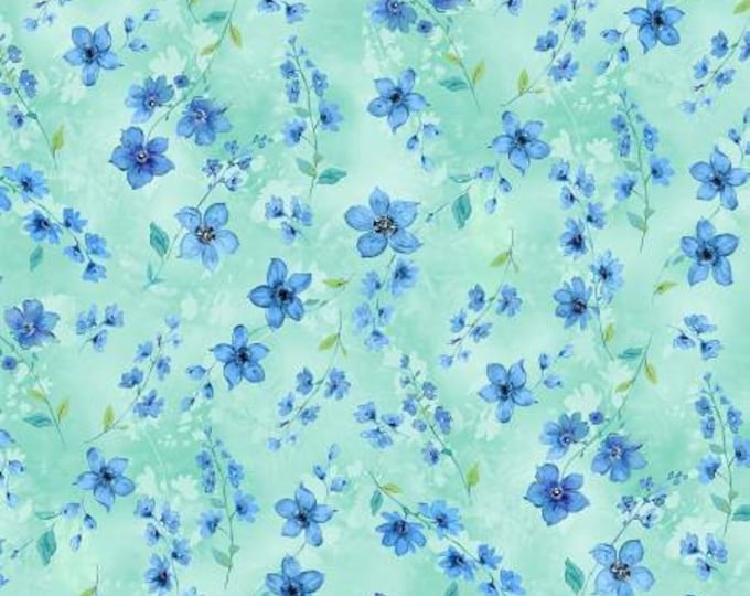Blue Muse Seafoam Blissful Fabric Yardage, MMF Collection, Michael Miller Fabrics, Cotton Quilt Fabric Yardage, Floral Fabric