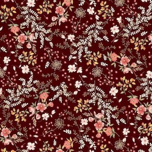 Puede incluir: Patrón floral continuo sobre fondo burdeos. El diseño presenta flores rosas y blancas, entrelazadas con ramitas de hojas y pequeñas bayas. El patrón es intrincado y adecuado para diversas aplicaciones.