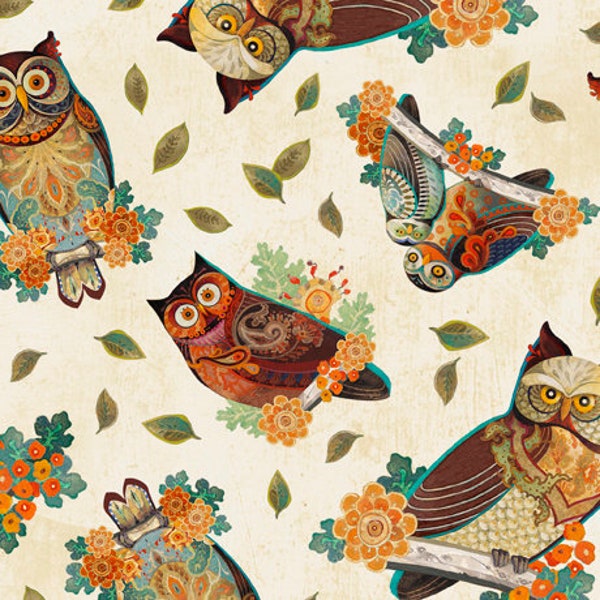 Owl Arabesque Tossed Owls Cream Fabric Yardage, David Galchutt, Quilting Treasures, Cotton Quilt Fabric, Owl Fabric