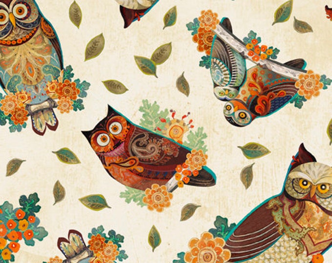 Owl Arabesque Tossed Owls Cream Fabric Yardage, David Galchutt, Quilting Treasures, Cotton Quilt Fabric, Owl Fabric