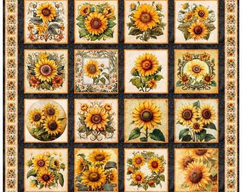 Sunflower Serenade Sunflower Picture Patches Cream 36-Inch Fabric Panel, Morris Creative Group, QT Fabrics, Cotton Quilt Fabric