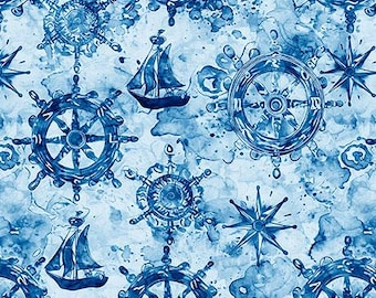 Ocean Blues Ship Wheels, Morris Creative Group, QT Fabrics, Cotton Quilt Fabric Yardage