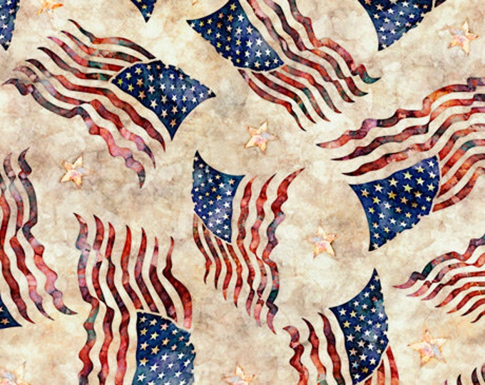Remnant 1-1/4 Yards Liberty, Glory, Freedom Cream Flag Toss Fabric Yardage, Dan Morris, Quilting Treasures, Cotton Quilting Fabric
