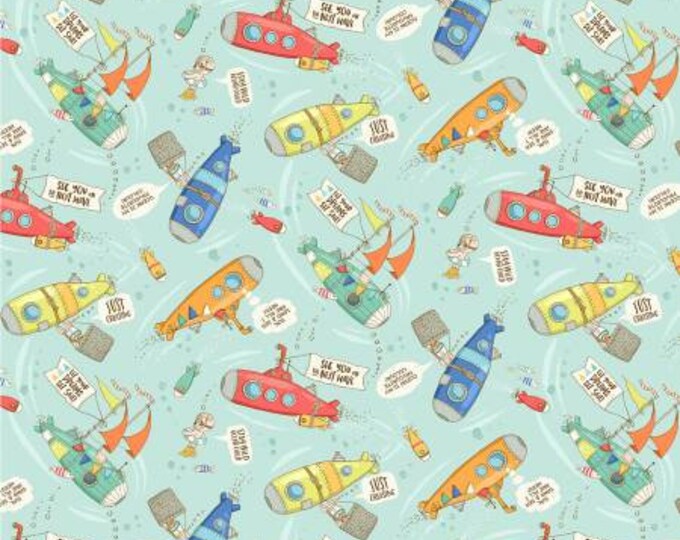 Make a Splash Aqua Submarines Fabric Yardage, Lisa Glanz, Michael Miller, Cotton Quilting Fabric