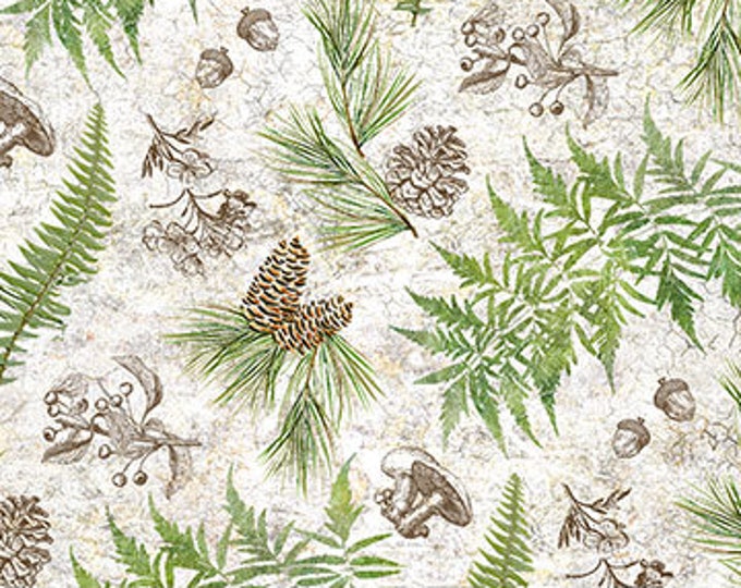 Remnant 1-3/4 Yards Tenderwood Fern & Toile Toss Fabric Yardage, Northcott Fabrics, Cotton Quilting Fabric, Animal Fabric