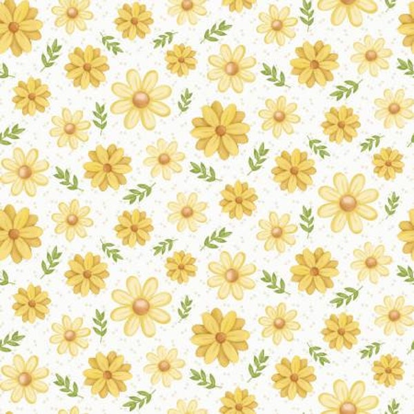 Bee You Cream Tossed Daisies Fabric Yardage, Shelly Comisky, Henry Glass, Cotton Quilt Fabric, Bee Fabric