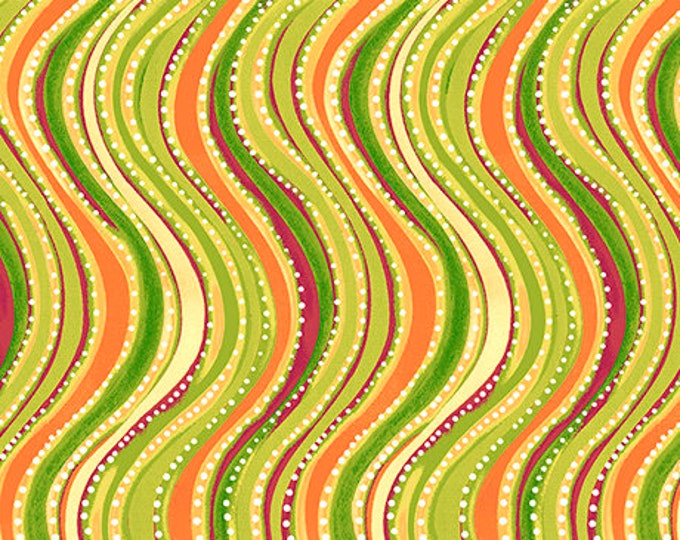 Olivia Tossed Flower Wavy Stripe Light Green Fabric Yardage, Cotton Quilting Fabric, Floral Fabric, Quilting Treasures
