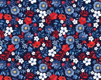 Faith, Family, Freedom Patriotic Flowers Navy Patriotic Fabric Yardage, Nicole DeCamp, Benartex, Cotton Quilt Fabric, Patriotic Fabric