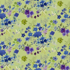 Blue Meadow Light Olive Digital Field Bouquet Fabric Yardage, Clothworks, Sue Zipkin, Cotton Quilt Fabric