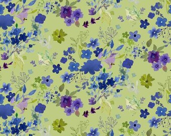 Blue Meadow Light Olive Digital Field Bouquet Fabric Yardage, Clothworks, Sue Zipkin, Cotton Quilt Fabric