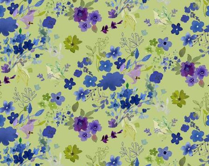 Blue Meadow Light Olive Digital Field Bouquet Fabric Yardage, Clothworks, Sue Zipkin, Cotton Quilt Fabric