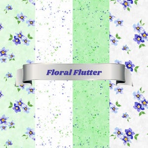 May include: A digital art design featuring four panels with floral and abstract patterns. The panels include watercolor flowers, speckled backgrounds, and the text "Floral Flutter" on a silver banner. The color palette includes shades of green, white, and blue.