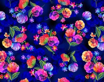 Remnant 2/3-Yard Luminous Blooms Navy Fabric Yardage, KANVAS Studio, Benartex, Cotton Quilt Fabric, Floral Fabric