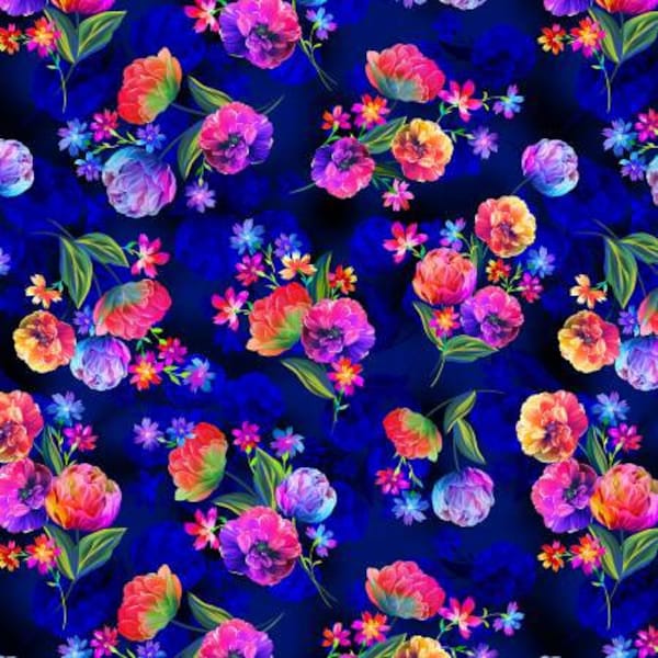 Luminous Blooms Navy Fabric Yardage, KANVAS Studio, Benartex, Cotton Quilt Fabric, Floral Fabric