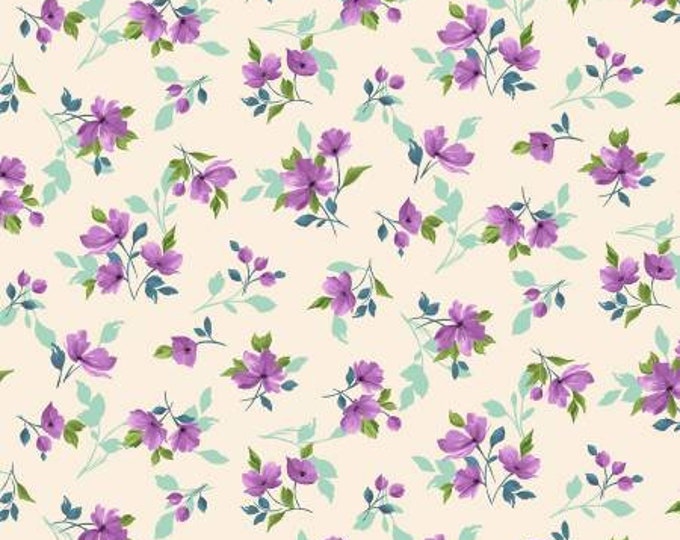 Pretty Purple Petals Cream Blooms Digitally Printed Fabric Yardage, Laura Berringer, Marcus Fabrics, Cotton Quilt Fabric, Floral Fabric