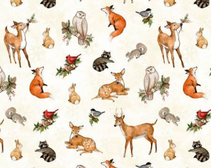 Winter Forest Cream Forest Animal Toss Fabric Yardage, Susan Winget, Wilmington Prints, Cotton Quilt Fabric, Christmas Fabric