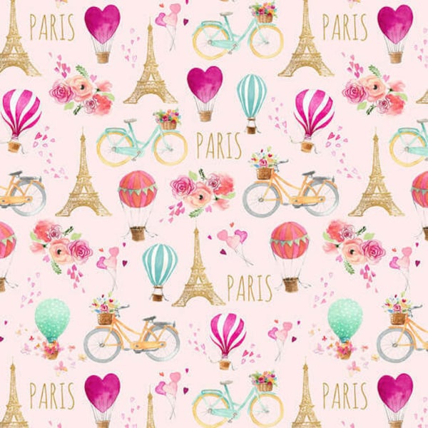 Love is in the Air Pink Hot Air Balloons with Eiffel Tower Fabric Yardage, Lanie Loreth, Blank Quilting, Cotton Quilt Fabric