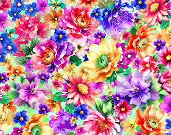 May include: A vibrant floral pattern featuring a dense arrangement of colorful flowers. The design showcases a mix of red, pink, purple, yellow, and blue blooms with green foliage, creating a lively and eye-catching botanical print.