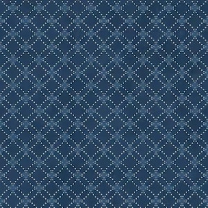 May include: A navy blue fabric with a repeating diamond pattern. Each diamond is outlined with small white dots, creating a textured appearance. The design is symmetrical and covers the entire surface.