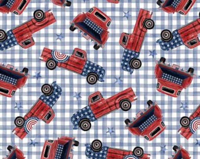 Land That I Love Denim Freedom Trucks Fabric Yardage, Michael Miller, Cotton Quilt Fabric Yardage