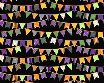 Hometown Halloween Black Halloween Flags Fabric Yardage, Kimberbell Designs, Maywood Studio, Cotton Quilt Fabric, Halloween Fabric