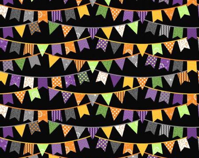 Hometown Halloween Black Halloween Flags Fabric Yardage, Kimberbell Designs, Maywood Studio, Cotton Quilt Fabric, Halloween Fabric