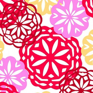 May include: A seamless pattern featuring red, pink, and yellow paper cutouts of flowers with intricate designs. The flowers are layered on top of each other, creating a visually appealing and festive pattern.