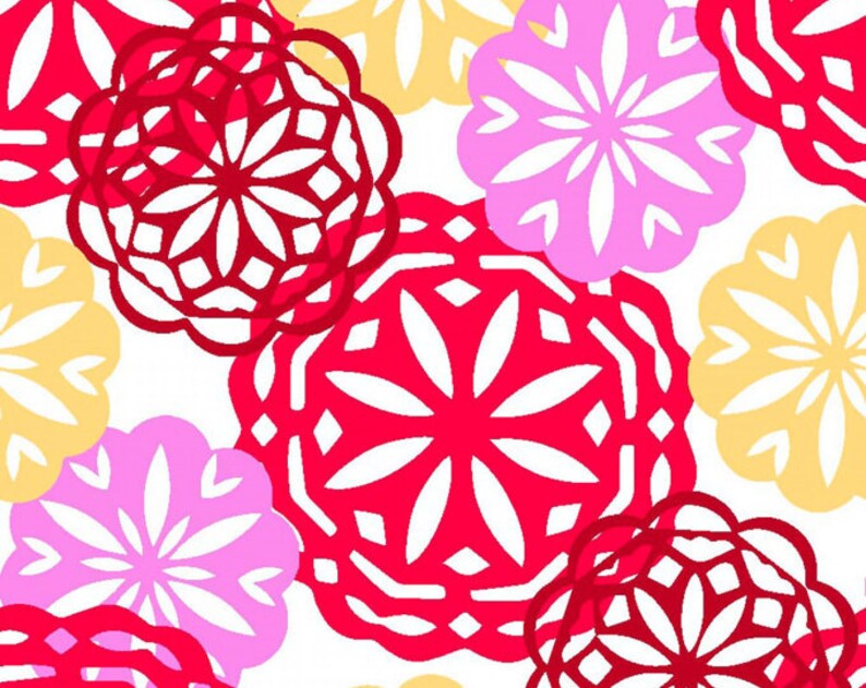 May include: A seamless pattern featuring red, pink, and yellow paper cutouts of flowers with intricate designs. The flowers are layered on top of each other, creating a visually appealing and festive pattern.