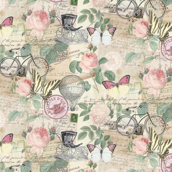 Jardin Cream French Jardin Script Postcards Fabric Yardage, Timeless Treasures, Cotton Quilt Fabric, Floral Fabric