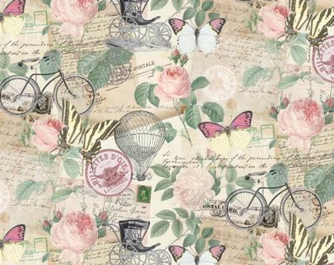 Jardin Cream French Jardin Script Postcards Fabric Yardage, Timeless Treasures, Cotton Quilt Fabric, Floral Fabric